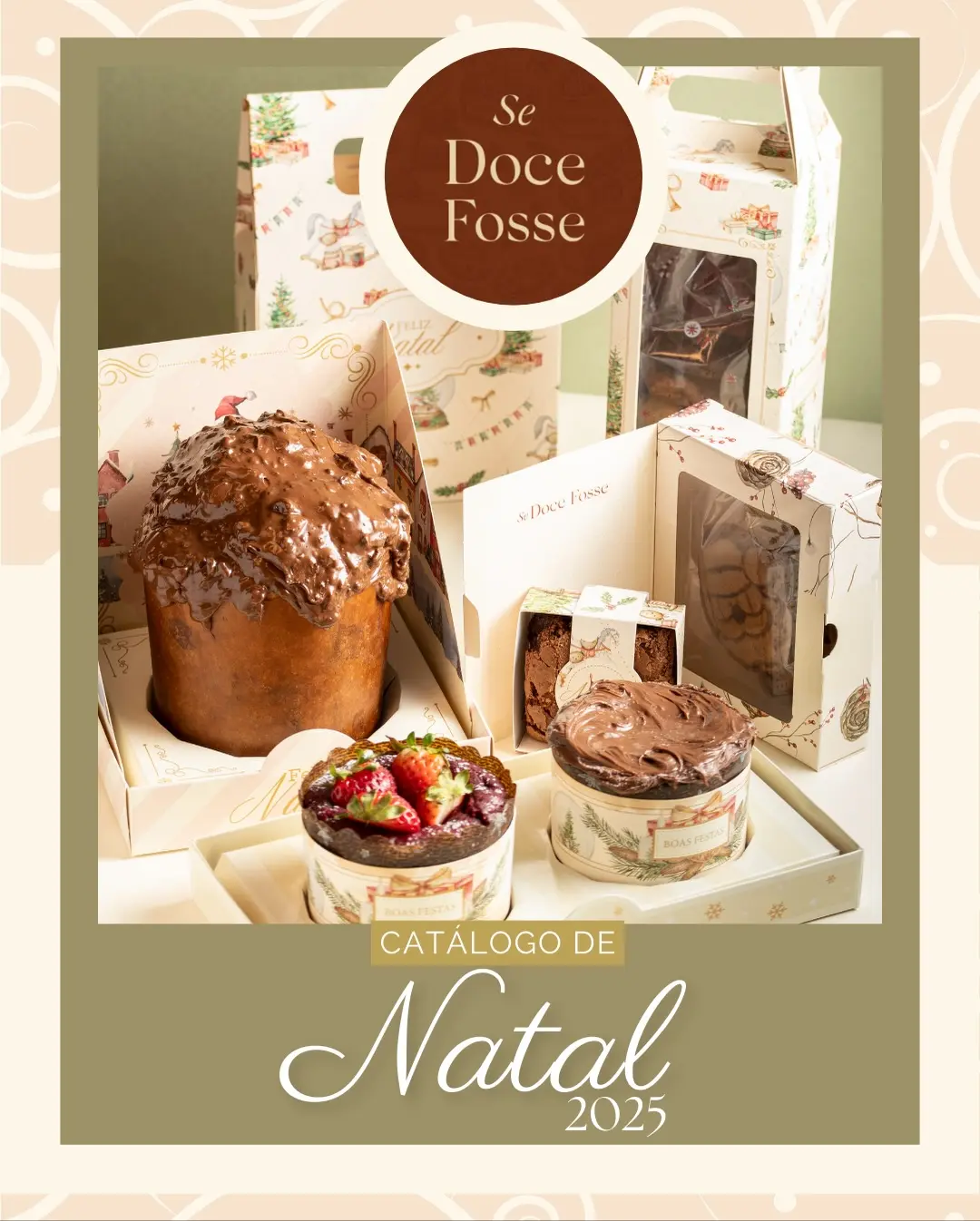 Catálogo de Natal, com panetone artesanal em caixa presenteável